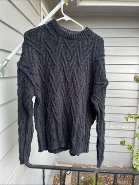 Free People Black Cable-Knit Crewneck Sweater